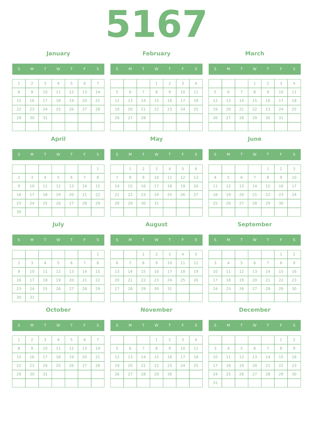 Printable 5167 Year Calendars celadon