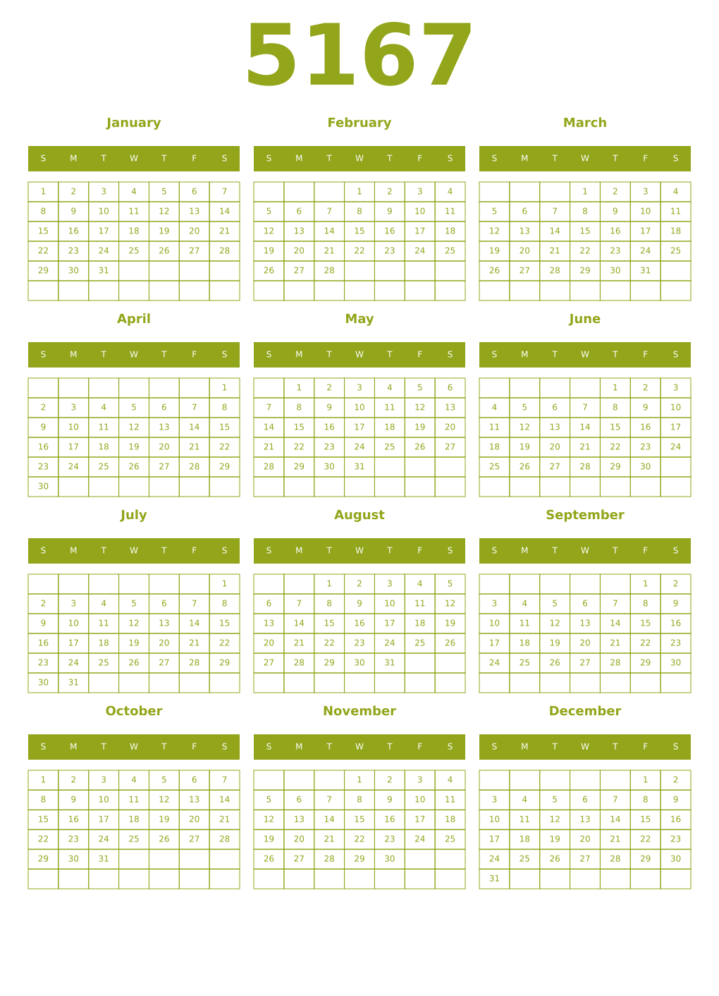 Printable 5167 Year Calendars chartreuse