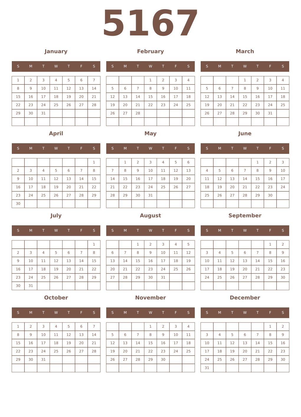 Printable 5167 Year Calendars coffe