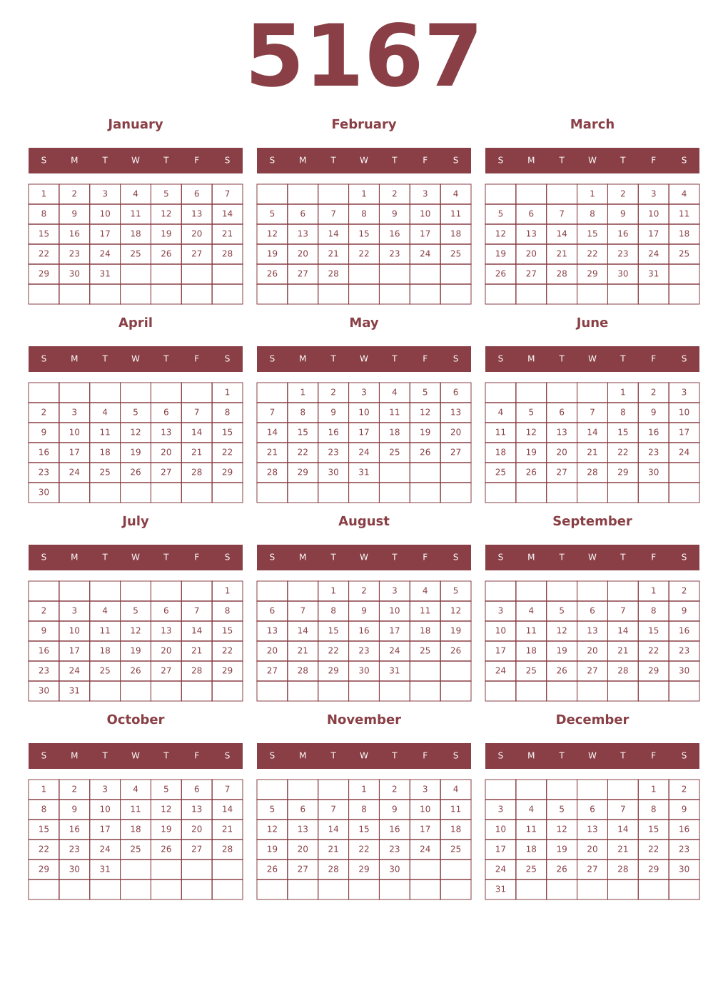 Printable 5167 Year Calendars cordovan