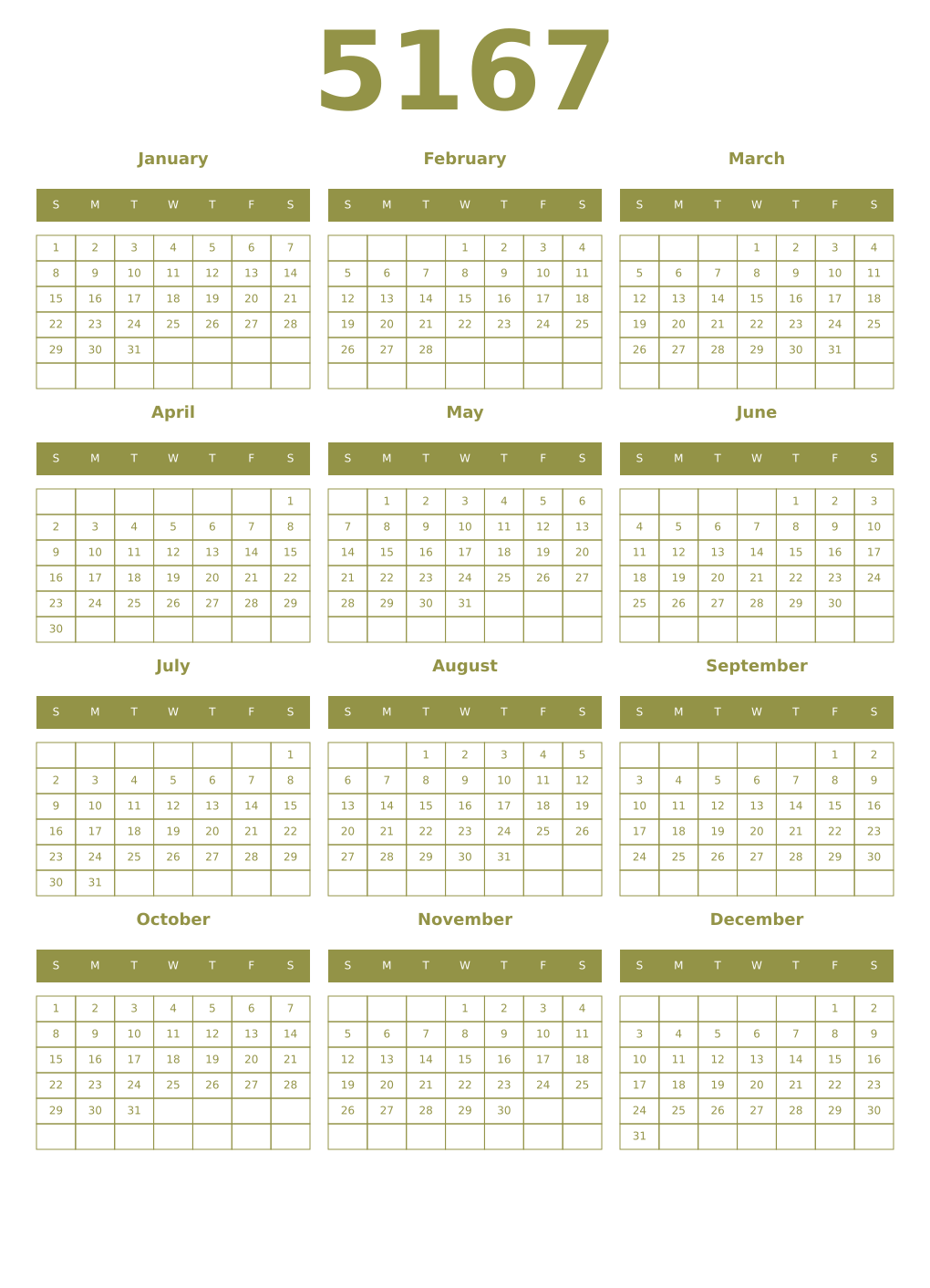 Printable 5167 Year Calendars eburnean