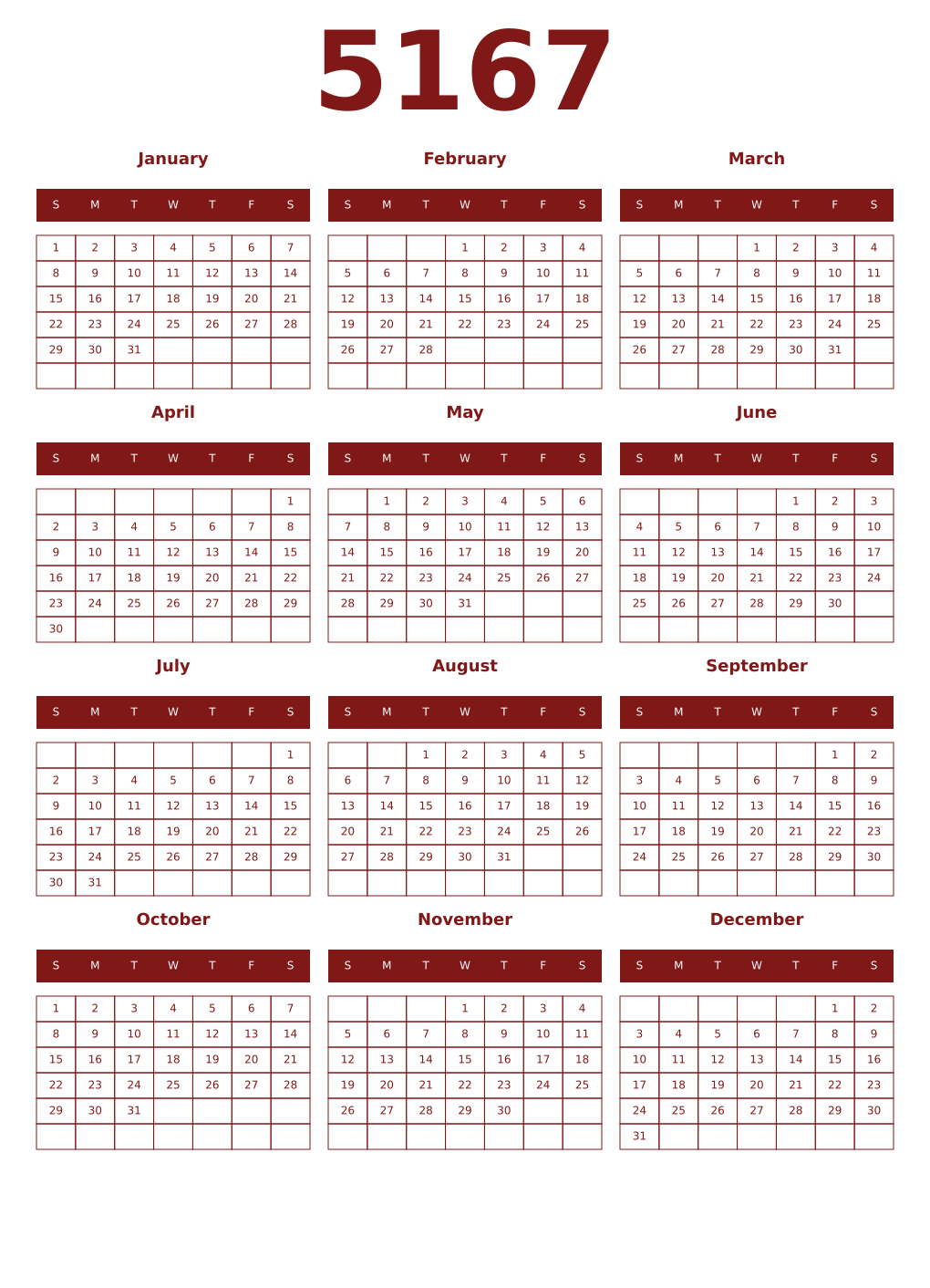Printable 5167 Year Calendars falu