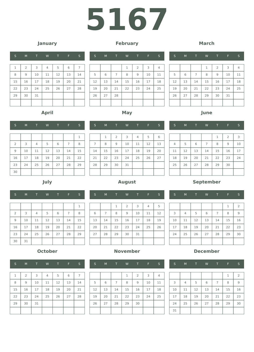 Printable 5167 Year Calendars feldgrau