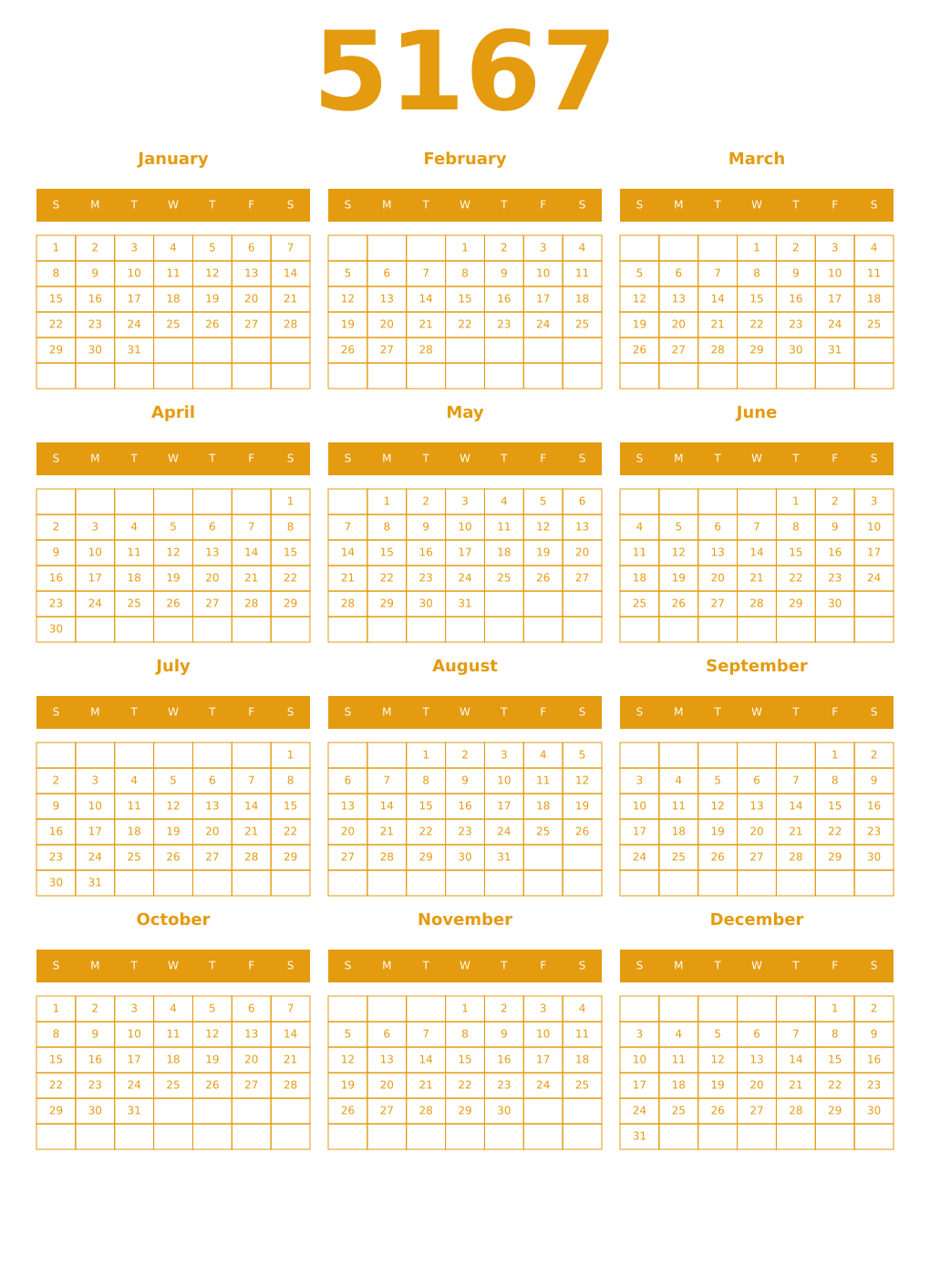Printable 5167 Year Calendars gamboge