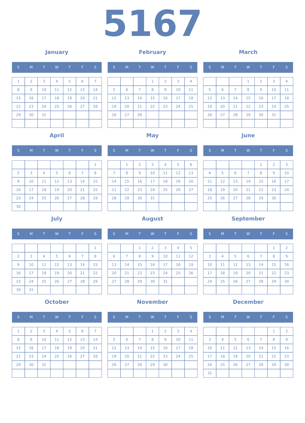 Printable 5167 Year Calendars glaucous