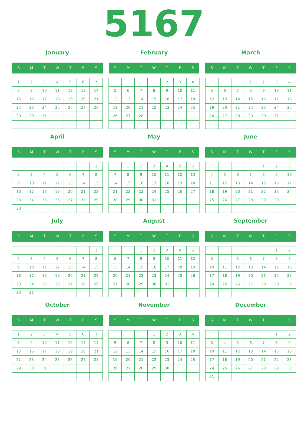 Printable 5167 Year Calendars green