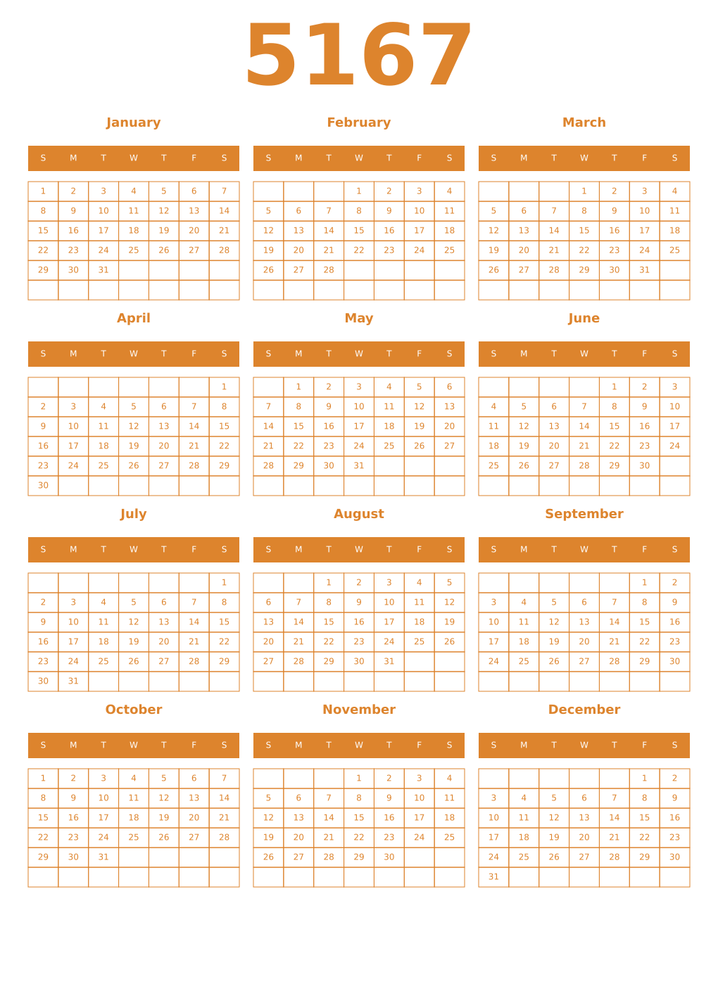 Printable 5167 Year Calendars orange