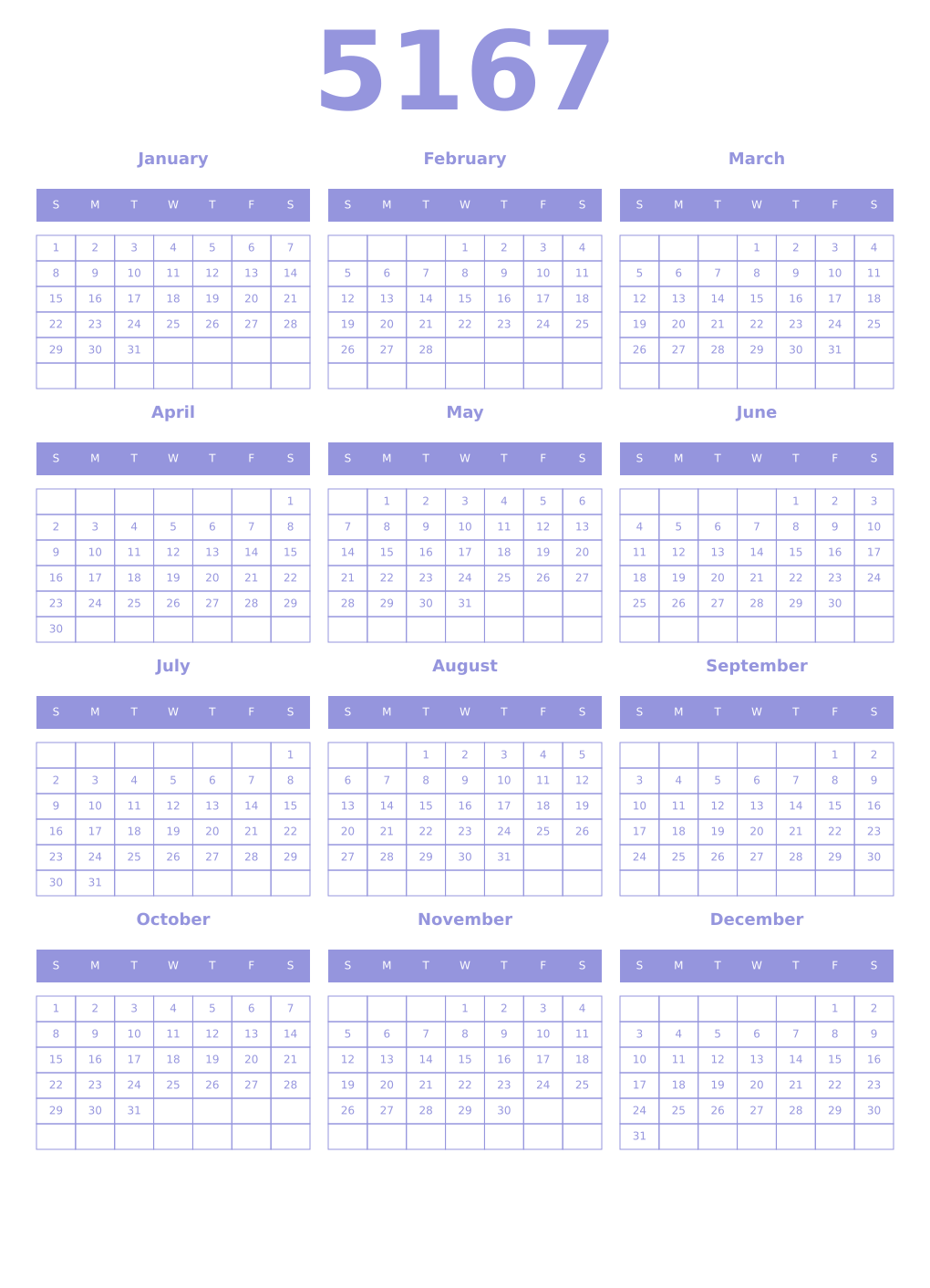 Printable 5167 Year Calendars periwinkle