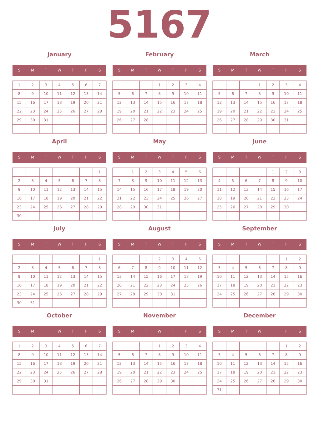 Printable 5167 Year Calendars puce