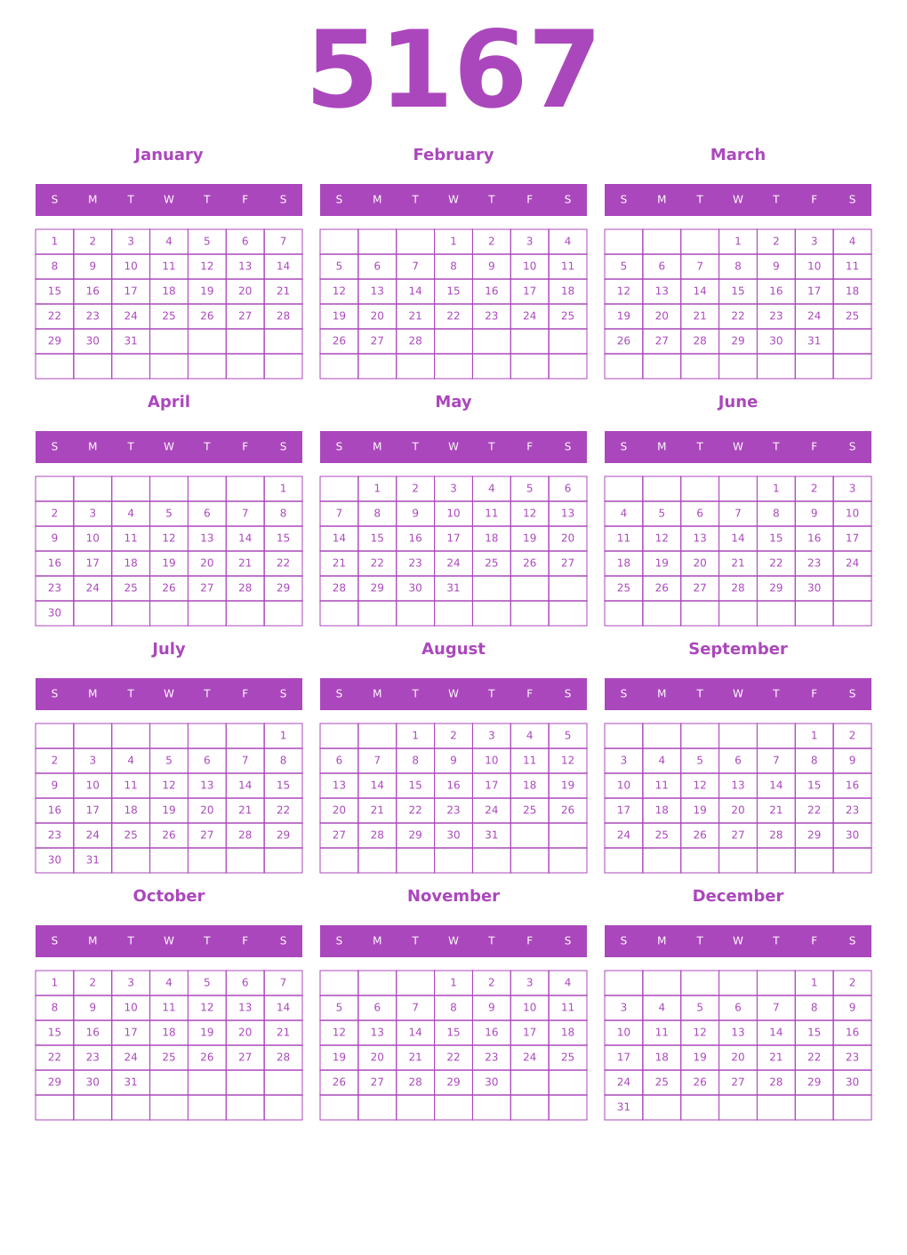 Printable 5167 Year Calendars purple