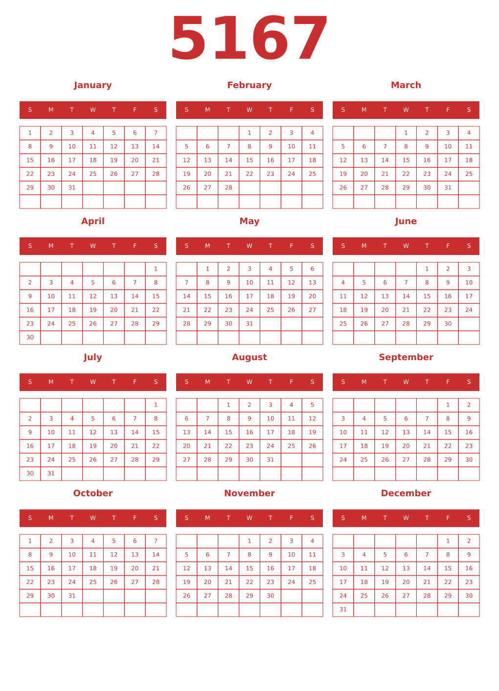 Printable 5167 Year Calendars red