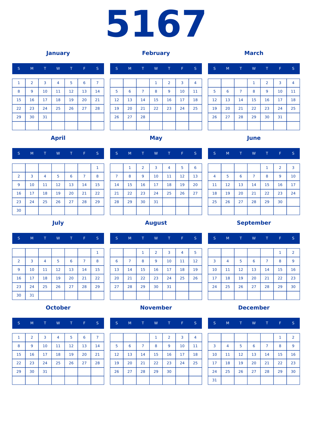 Printable 5167 Year Calendars smalt