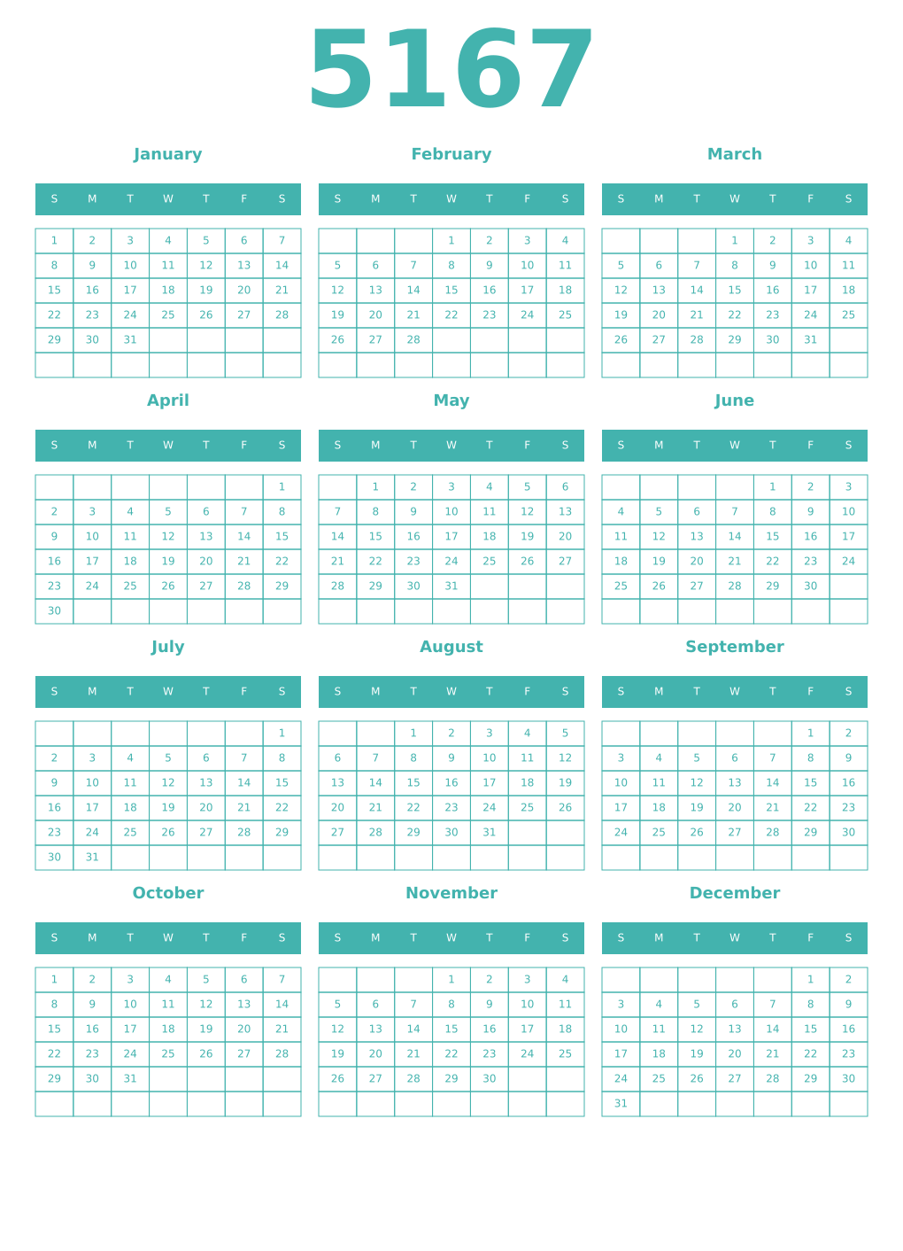Printable 5167 Year Calendars verdigris
