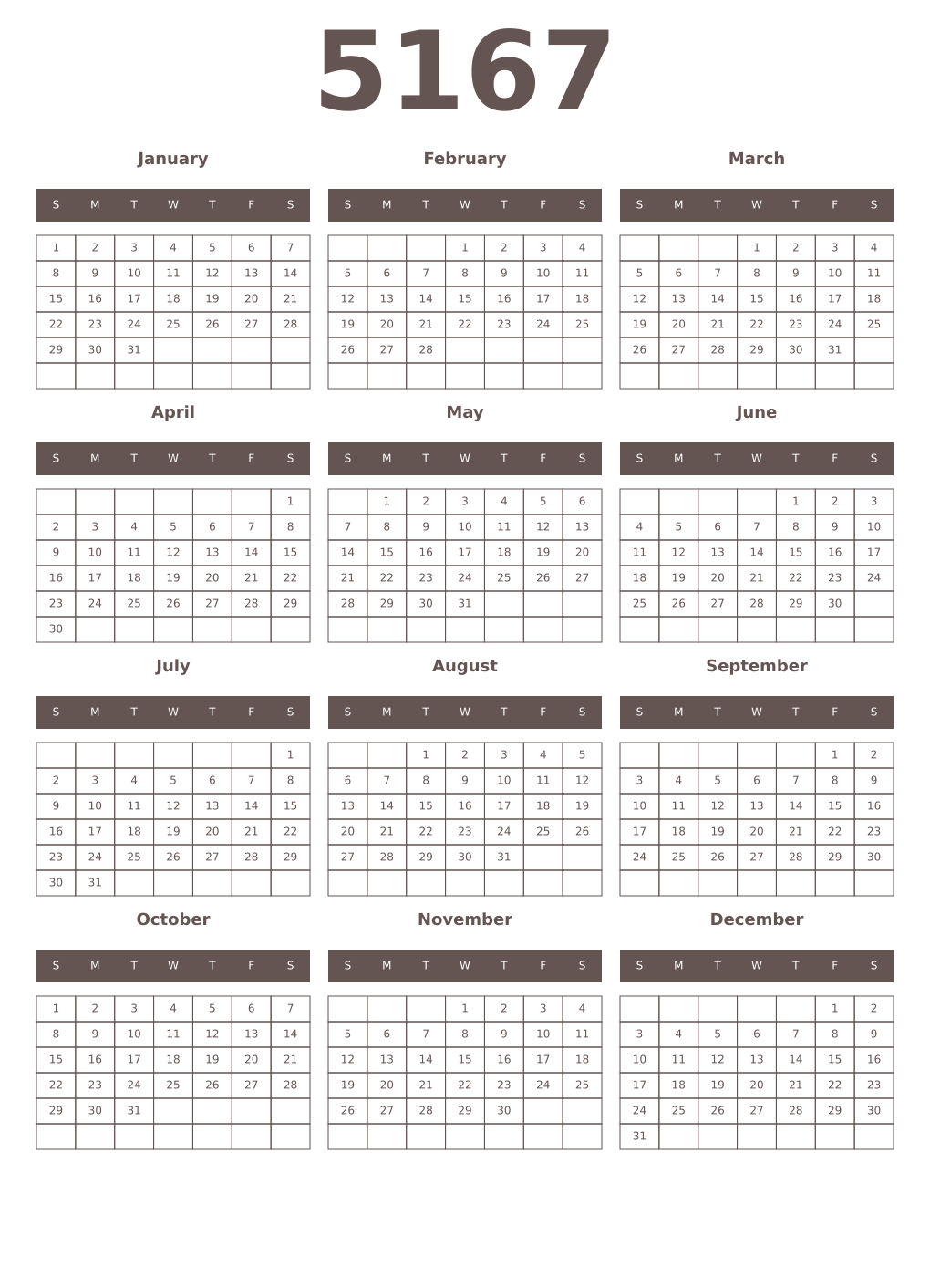 Printable 5167 Year Calendars wenge
