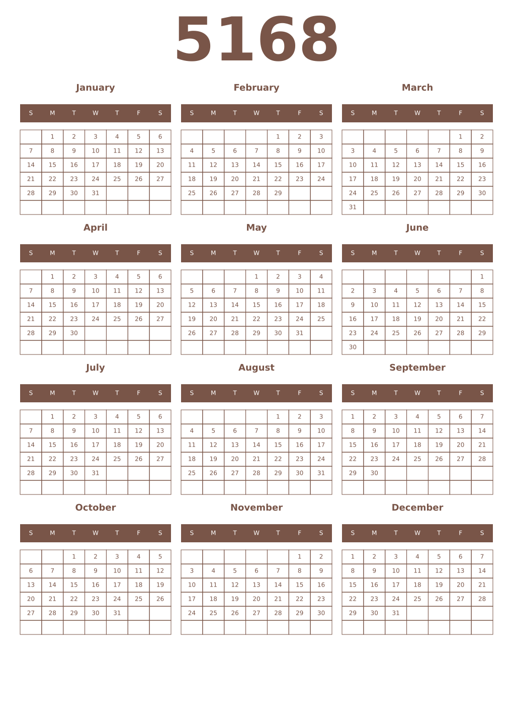 Printable 5168 Year Calendars coffe