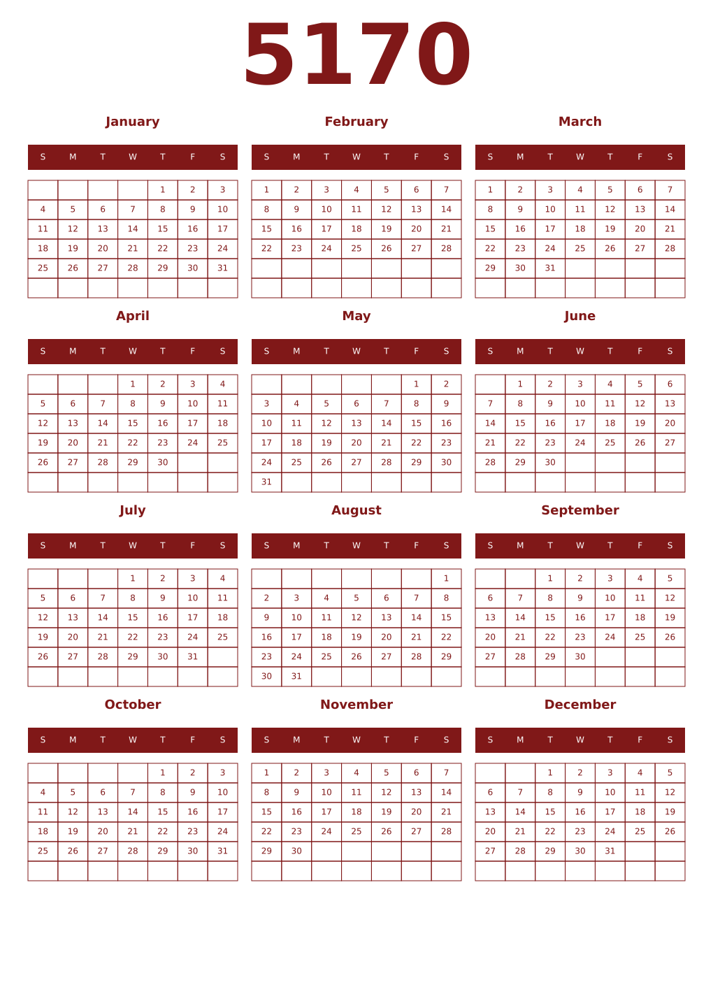 Printable 5170 Year Calendars falu