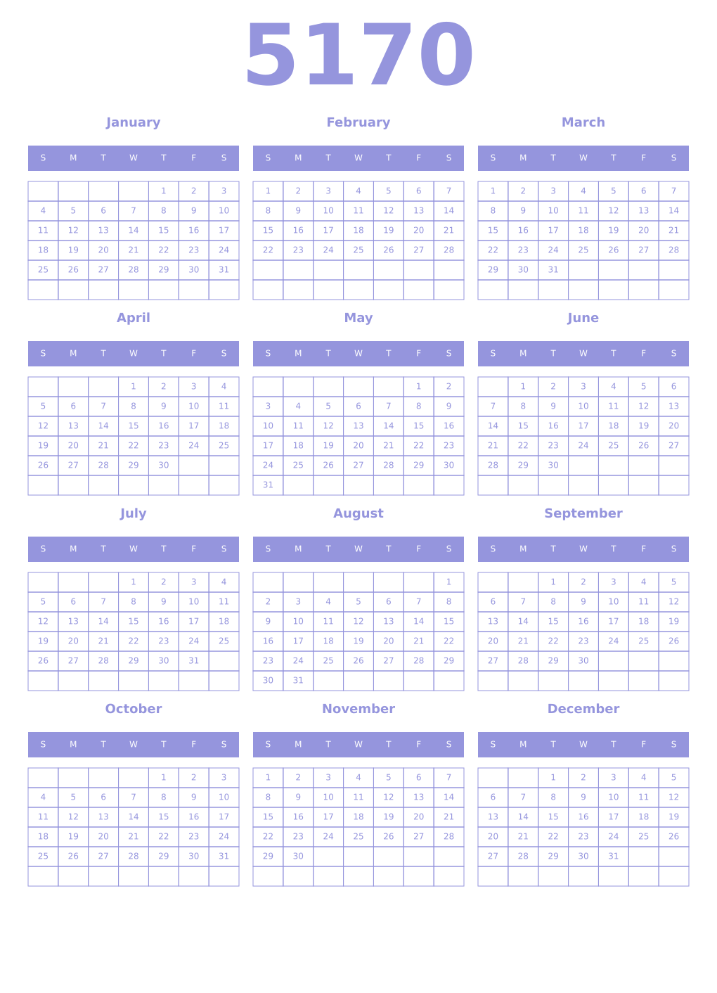 Printable 5170 Year Calendars periwinkle