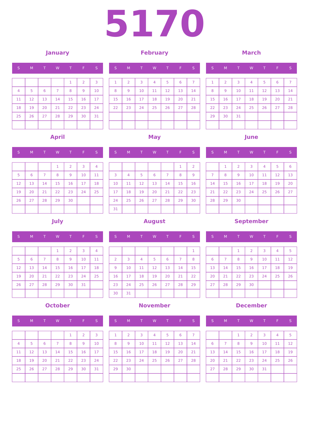 Printable 5170 Year Calendars purple