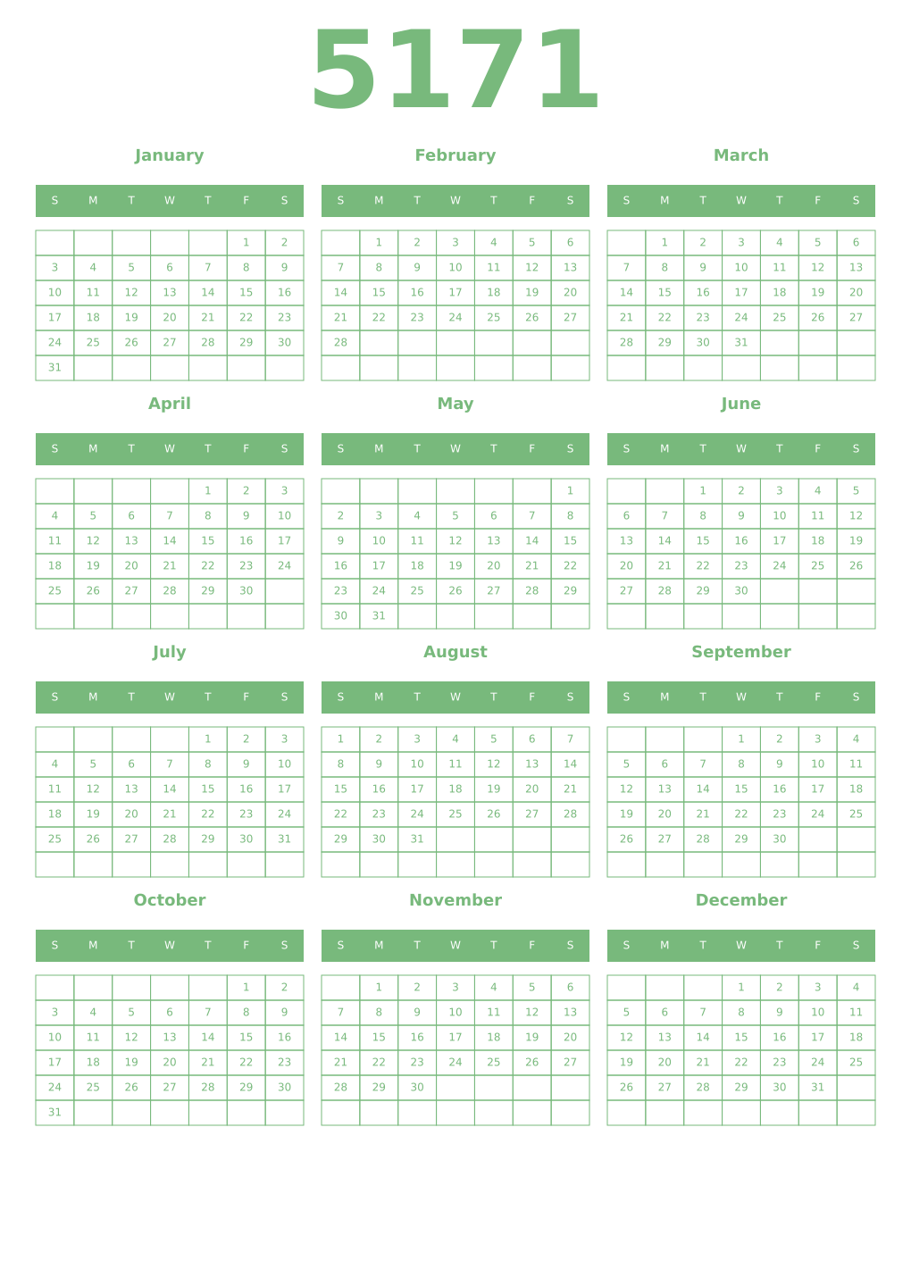 Printable 5171 Year Calendars celadon
