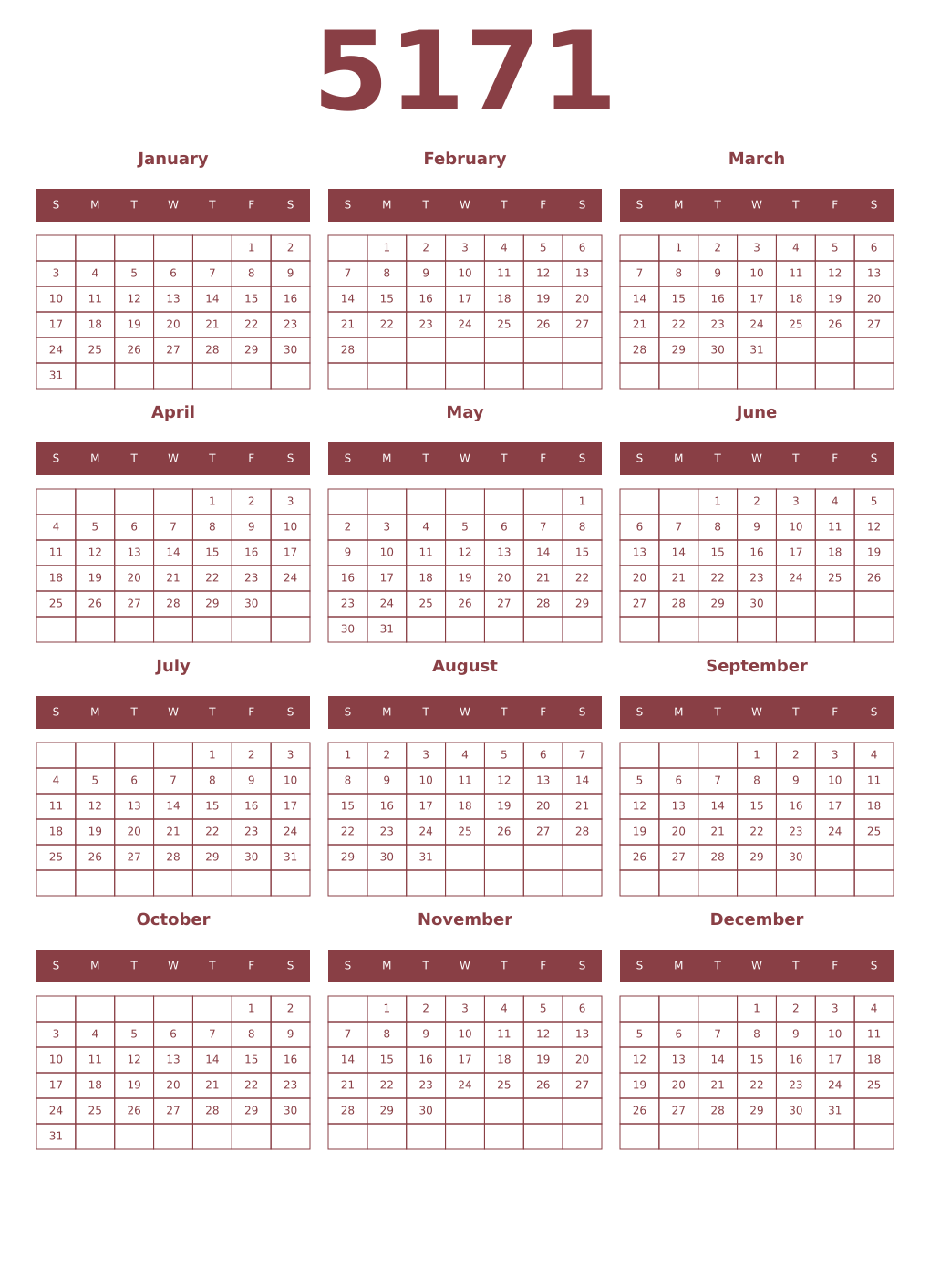 Printable 5171 Year Calendars cordovan
