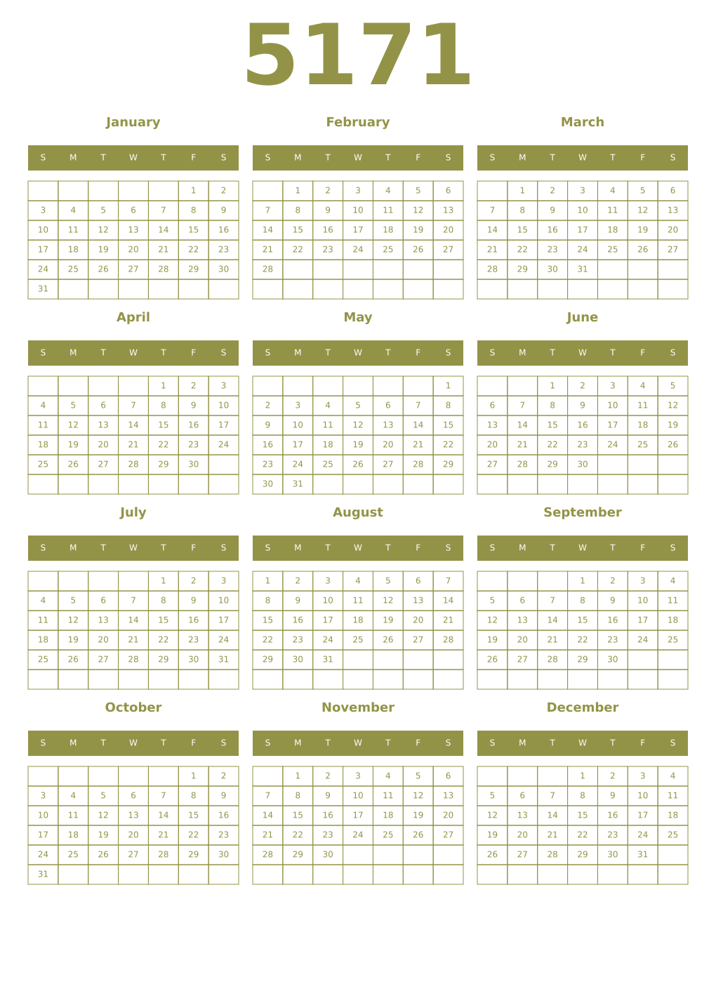Printable 5171 Year Calendars eburnean