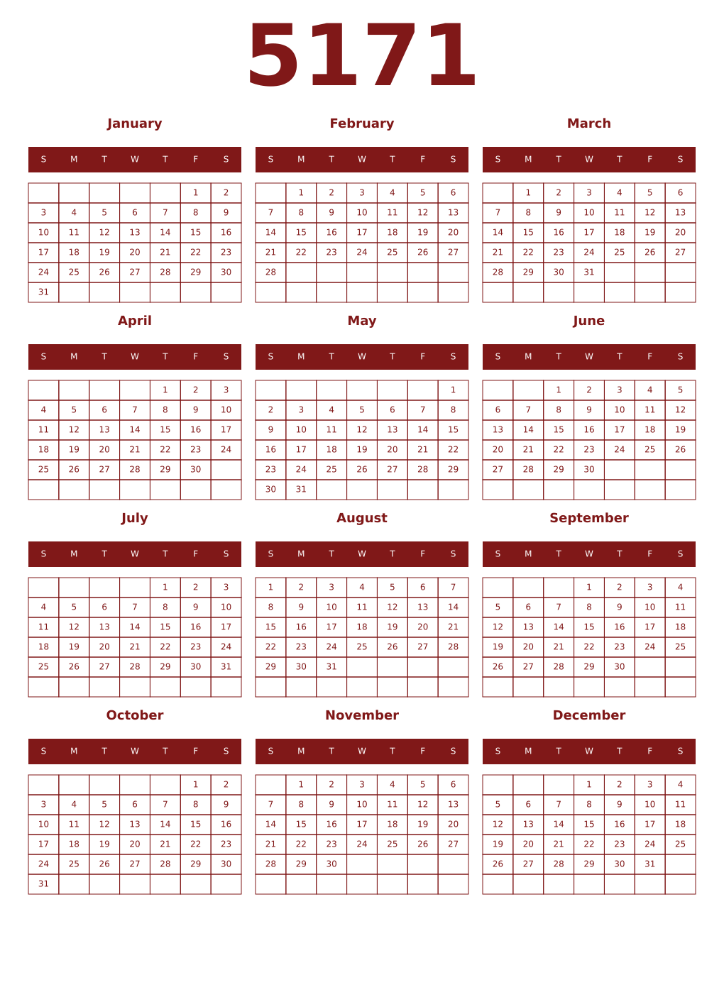 Printable 5171 Year Calendars falu