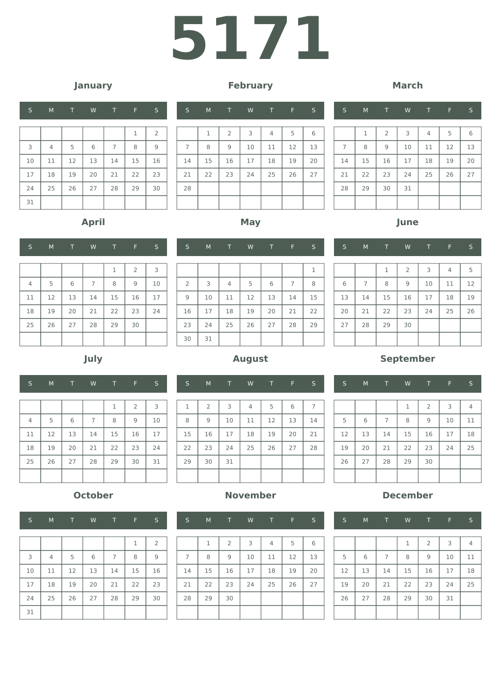 Printable 5171 Year Calendars feldgrau