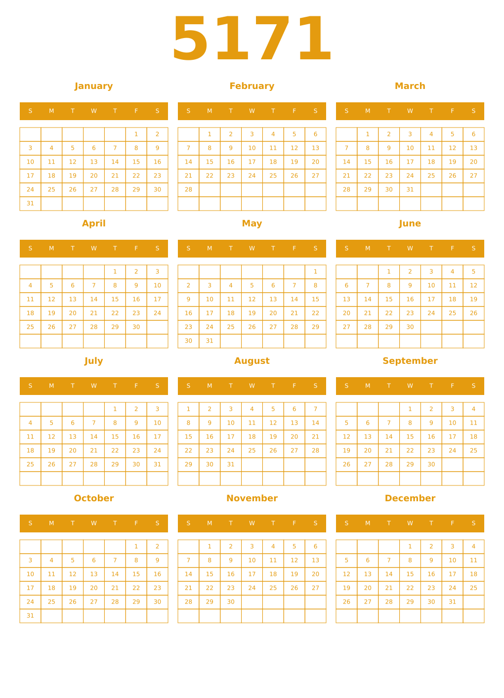 Printable 5171 Year Calendars gamboge