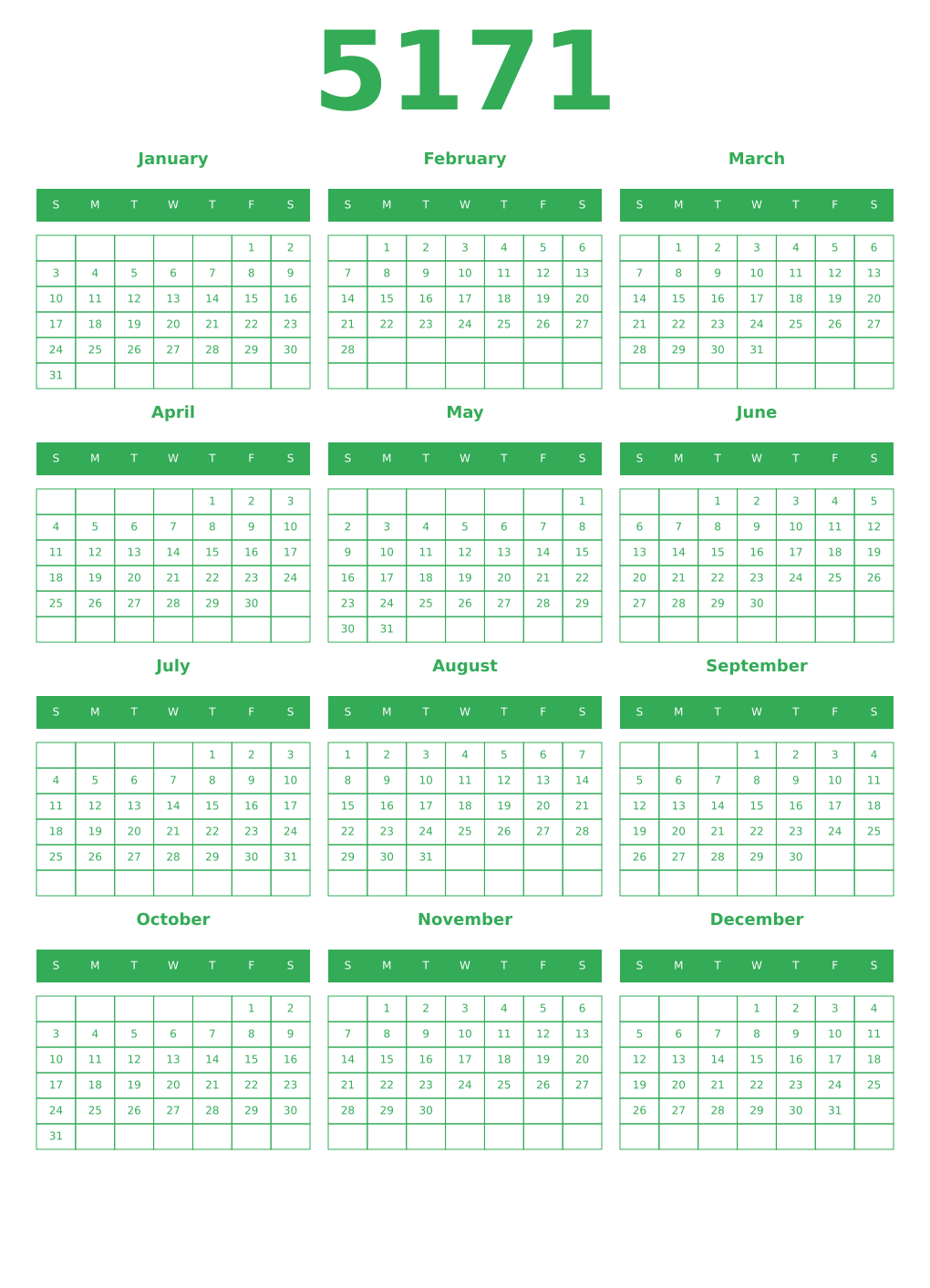 Printable 5171 Year Calendars green