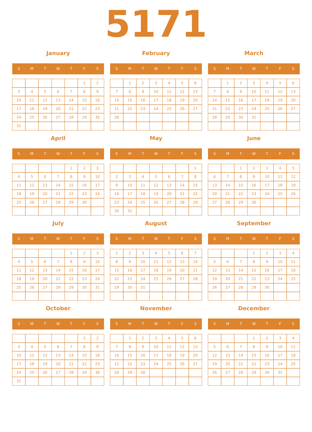 Printable 5171 Year Calendars orange