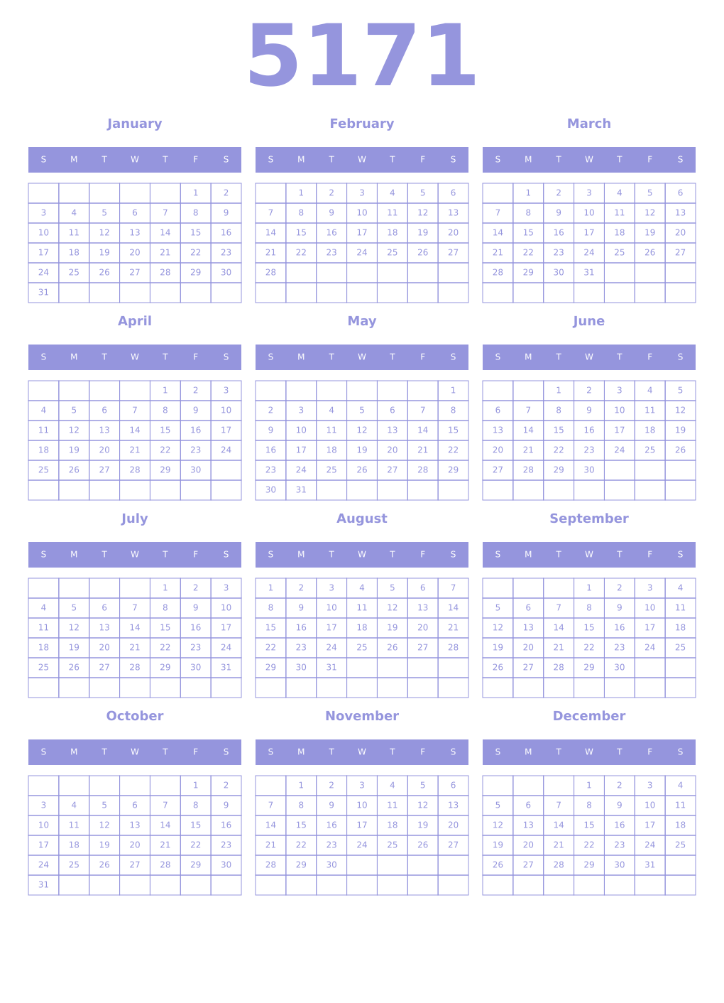 Printable 5171 Year Calendars periwinkle