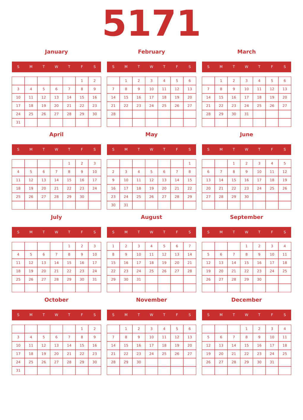 Printable 5171 Year Calendars red