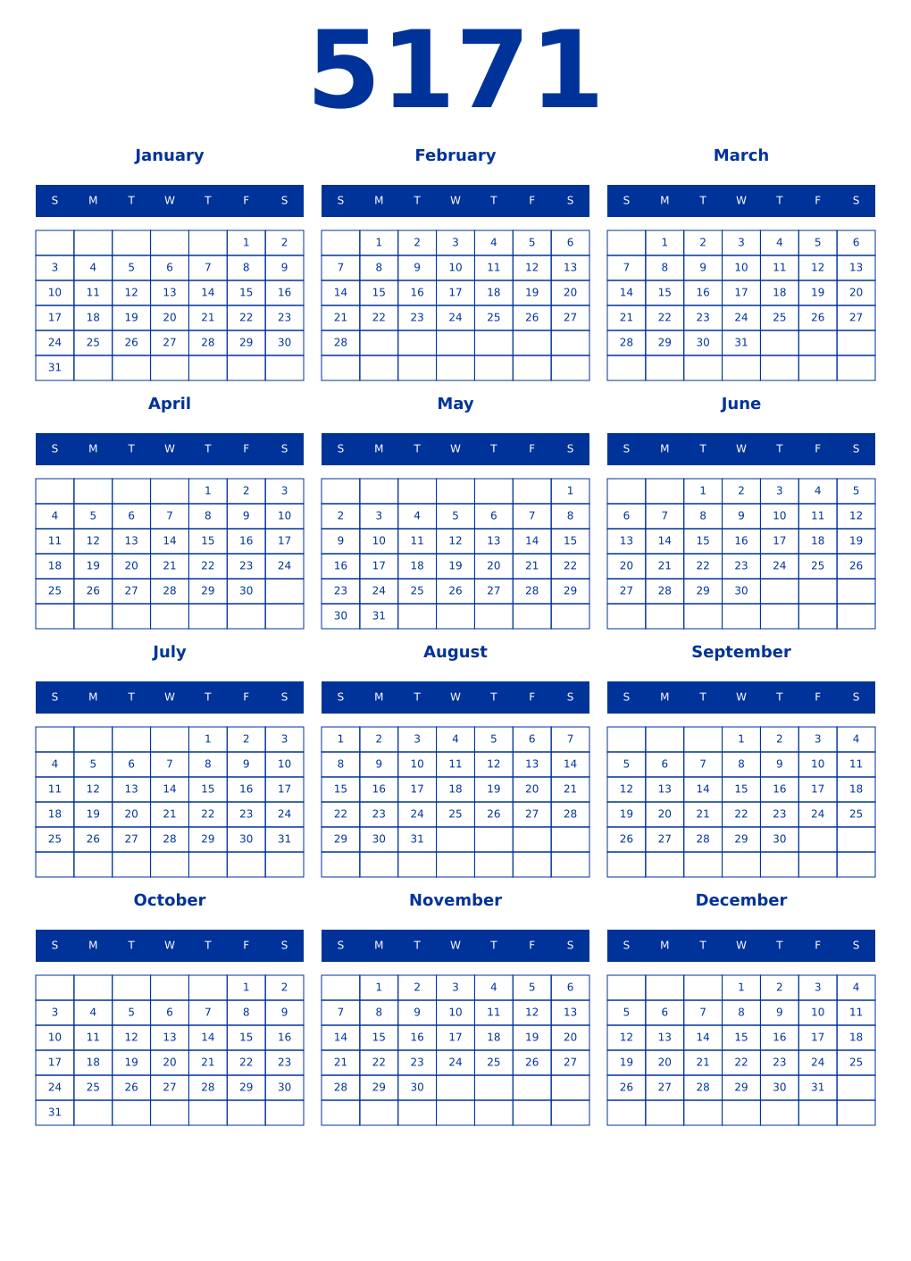 Printable 5171 Year Calendars smalt