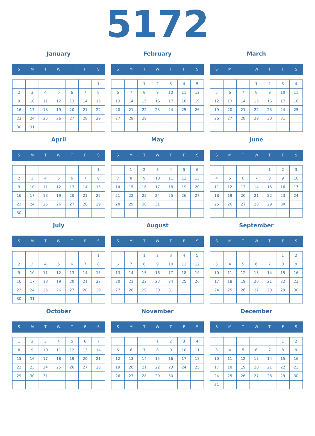 Printable 5172 Year Calendars blue