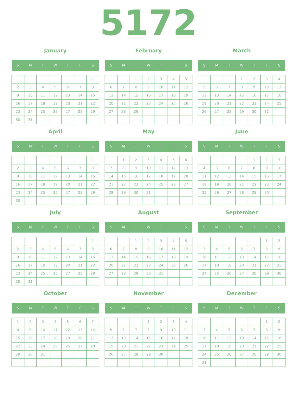 Printable 5172 Year Calendars celadon