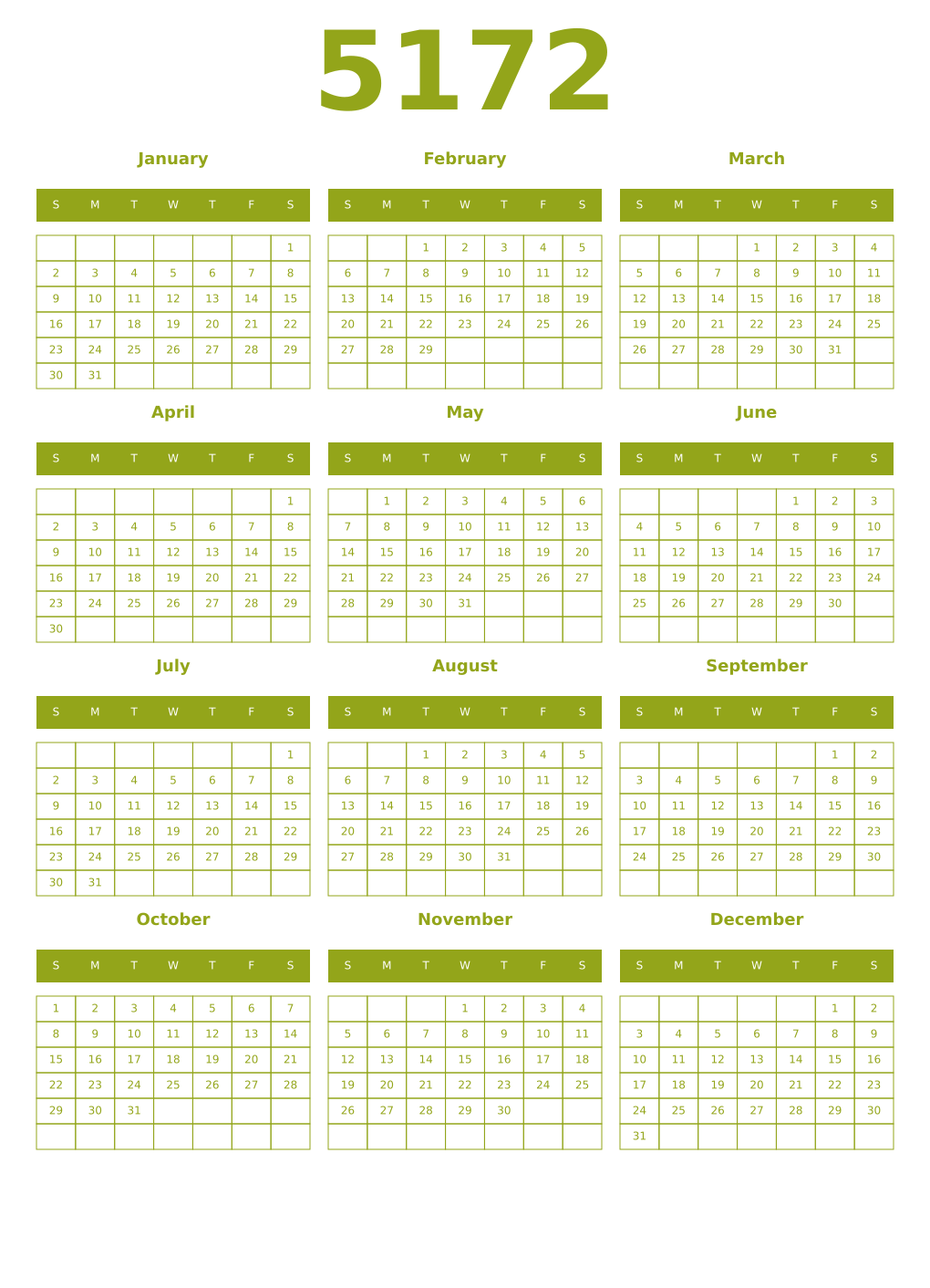 Printable 5172 Year Calendars chartreuse