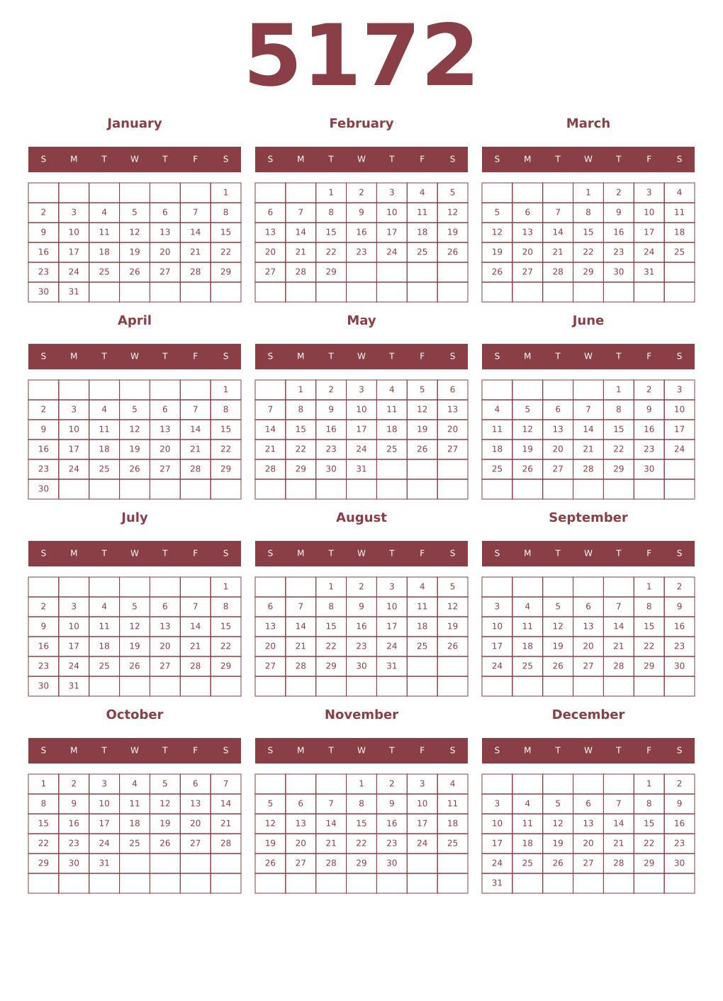 Printable 5172 Year Calendars cordovan