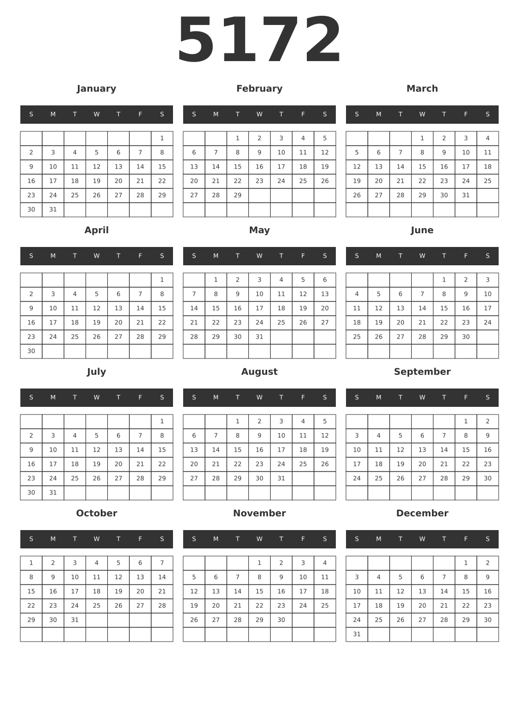 Printable 5172 Year Calendars dark