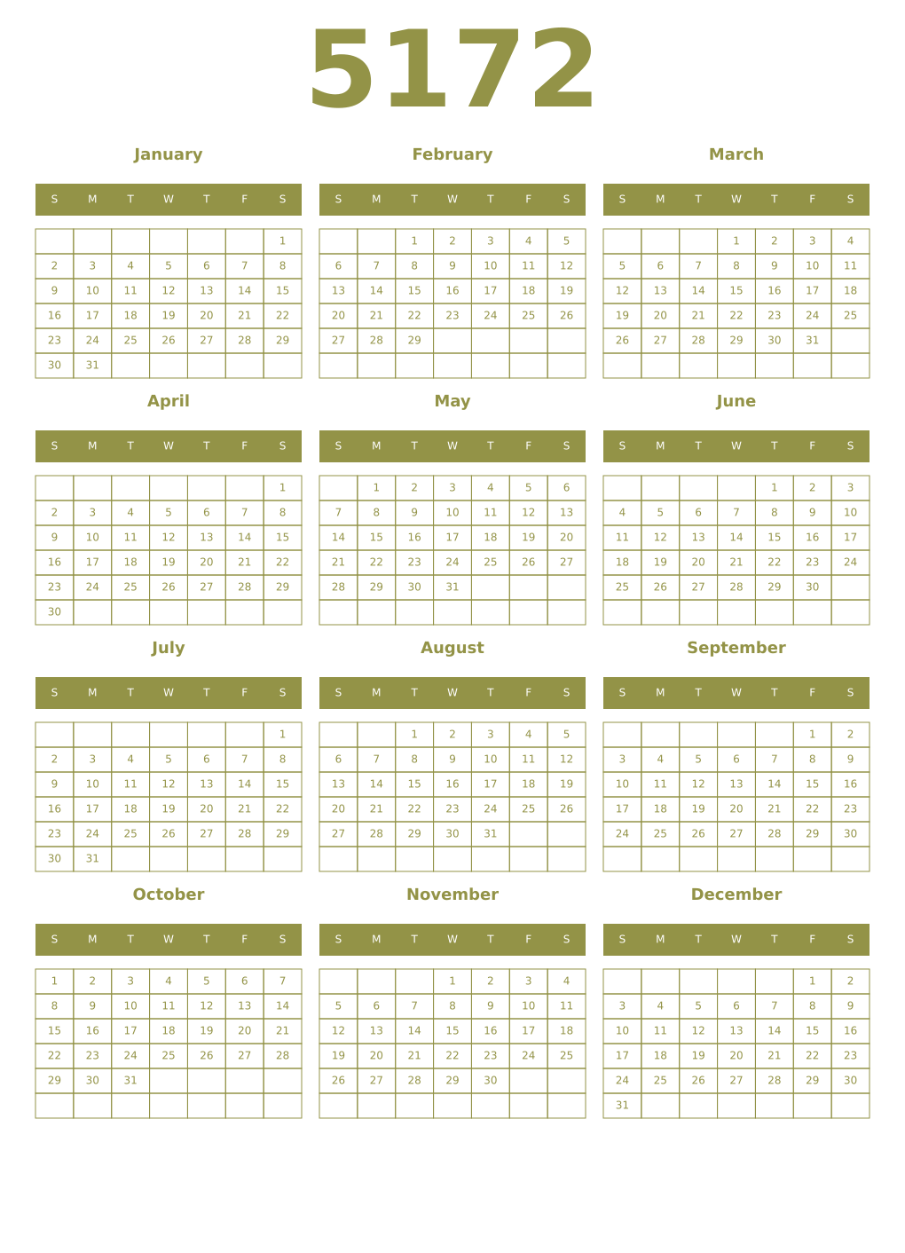 Printable 5172 Year Calendars eburnean