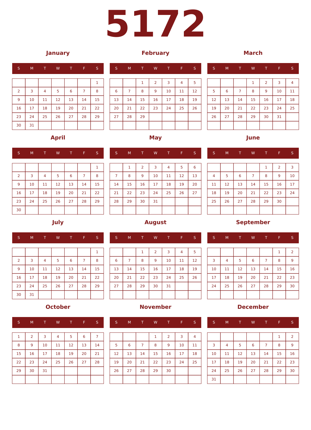 Printable 5172 Year Calendars falu