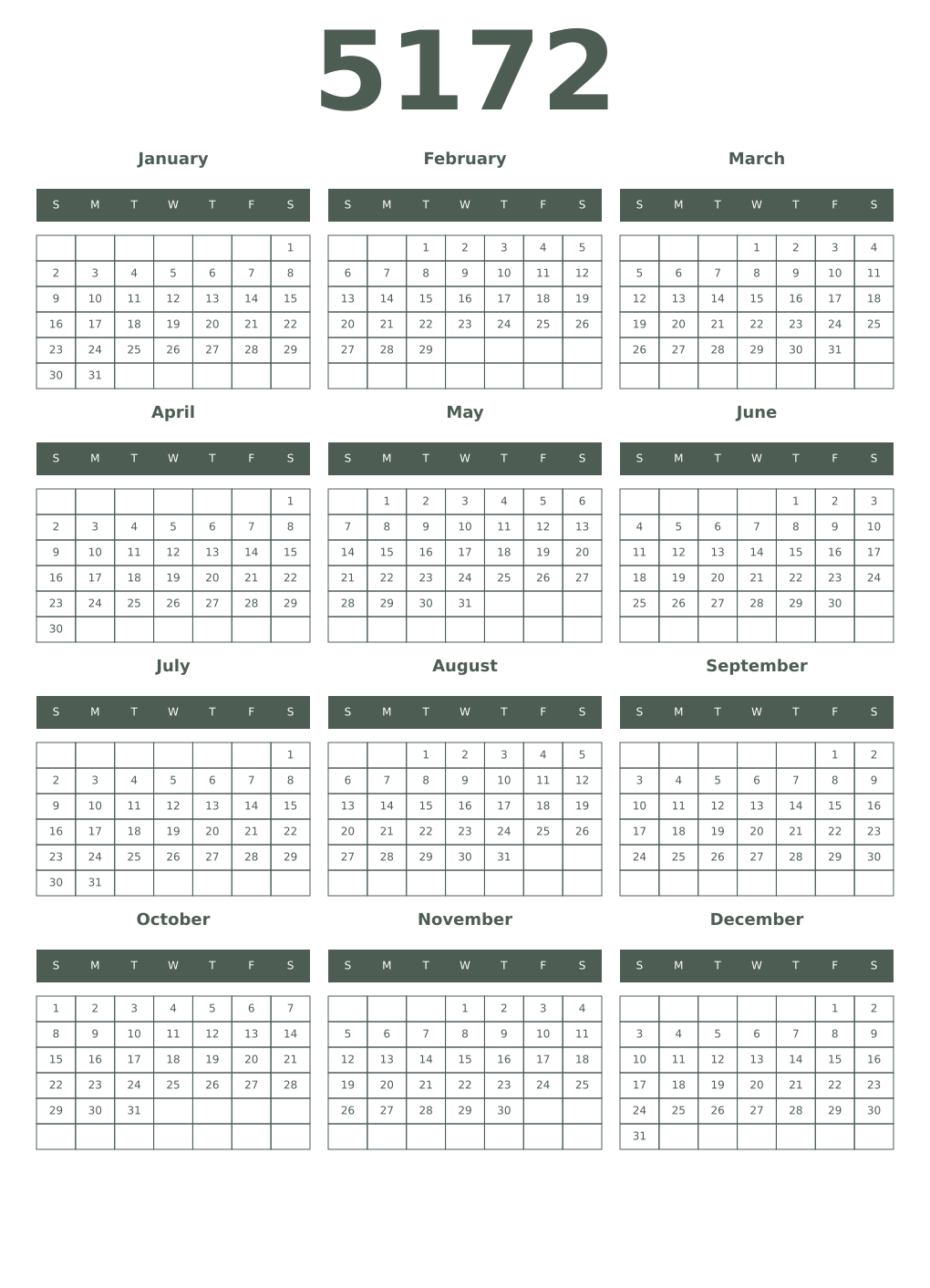Printable 5172 Year Calendars feldgrau