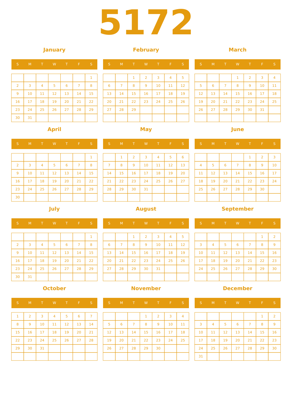 Printable 5172 Year Calendars gamboge