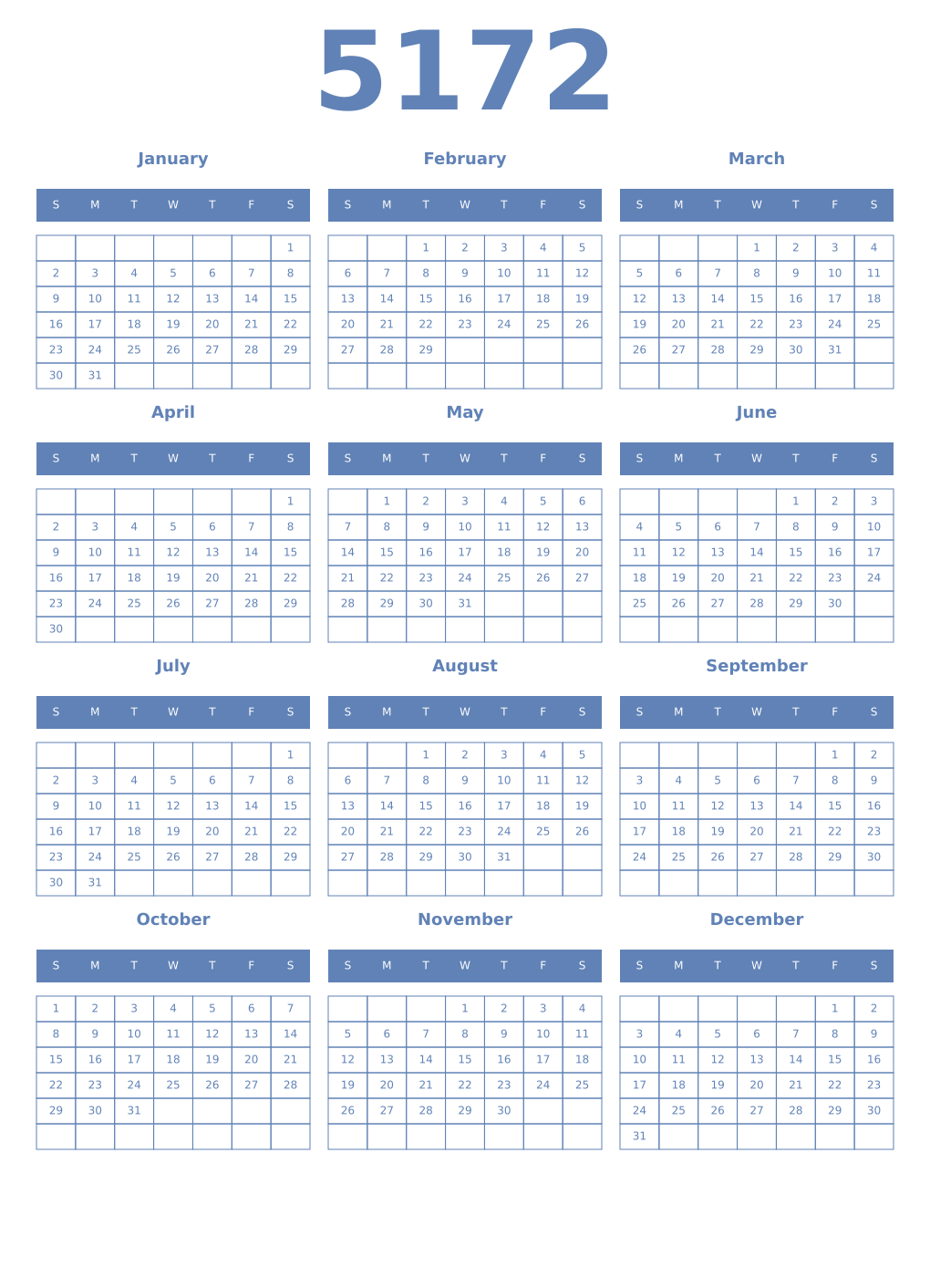 Printable 5172 Year Calendars glaucous