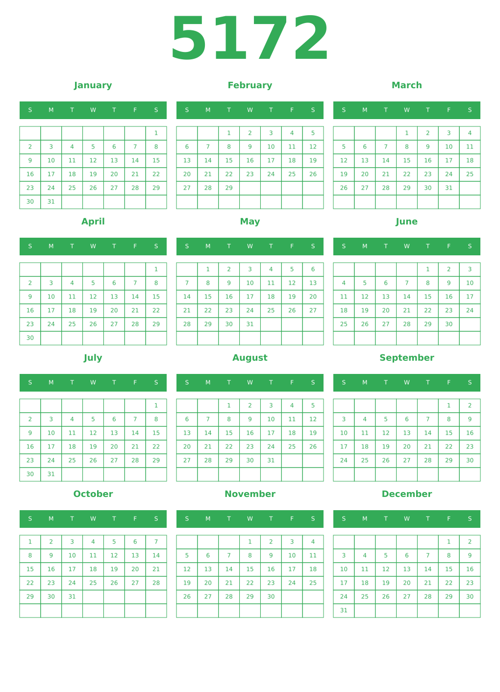 Printable 5172 Year Calendars green