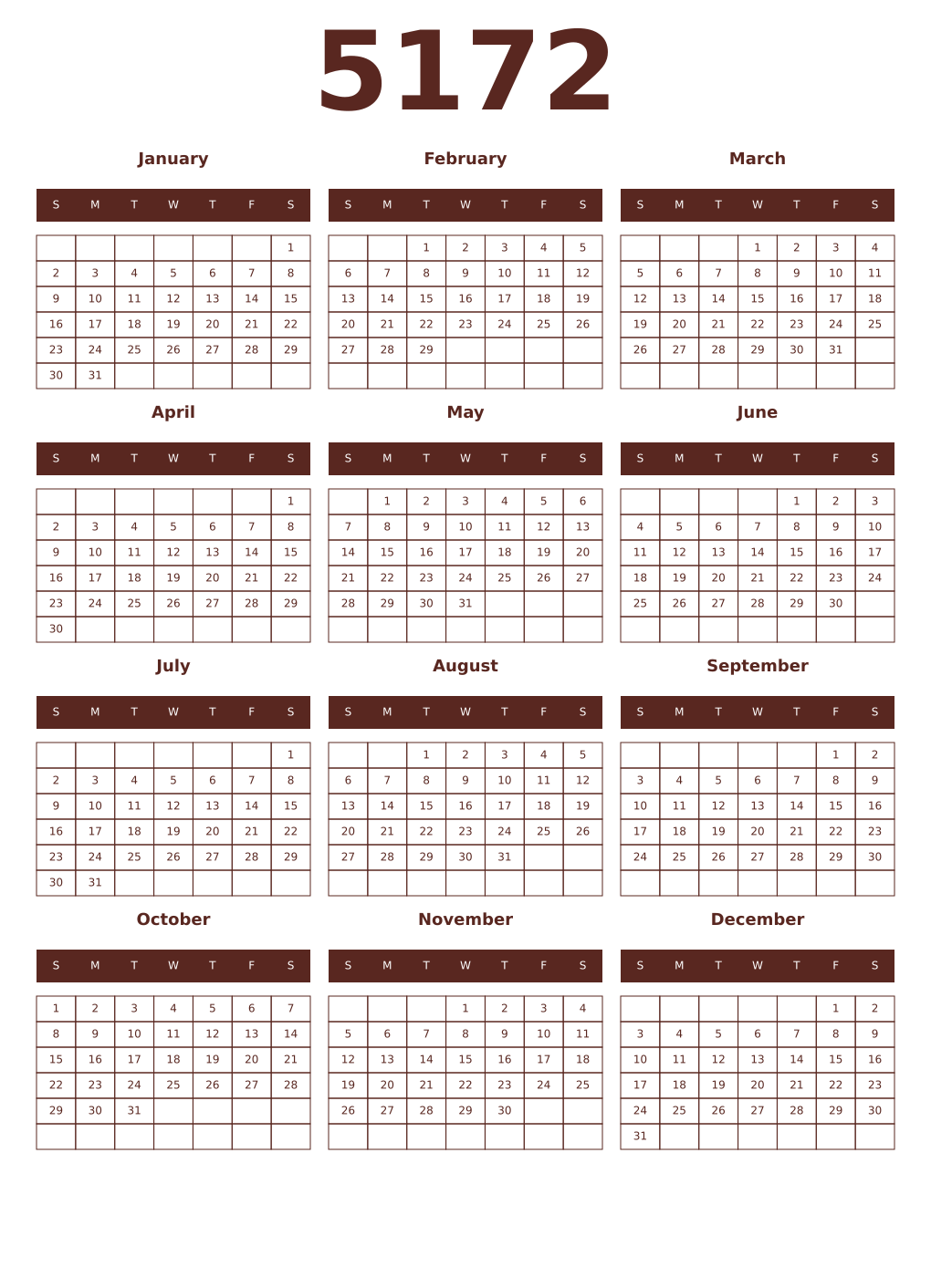 Printable 5172 Year Calendars mortuum