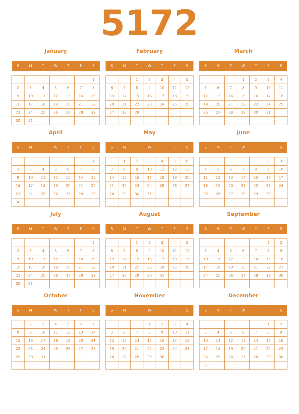 Printable 5172 Year Calendars orange
