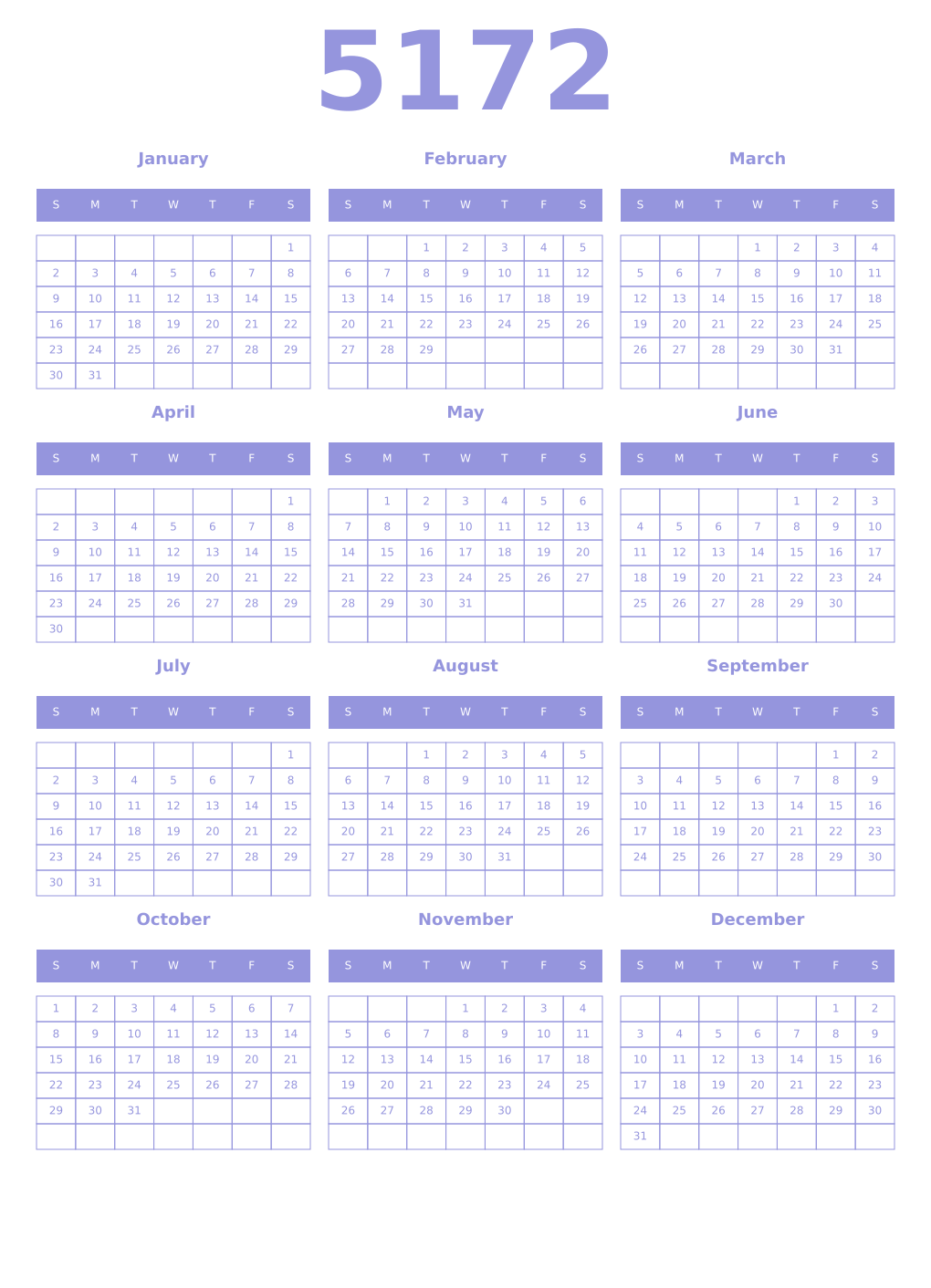 Printable 5172 Year Calendars periwinkle