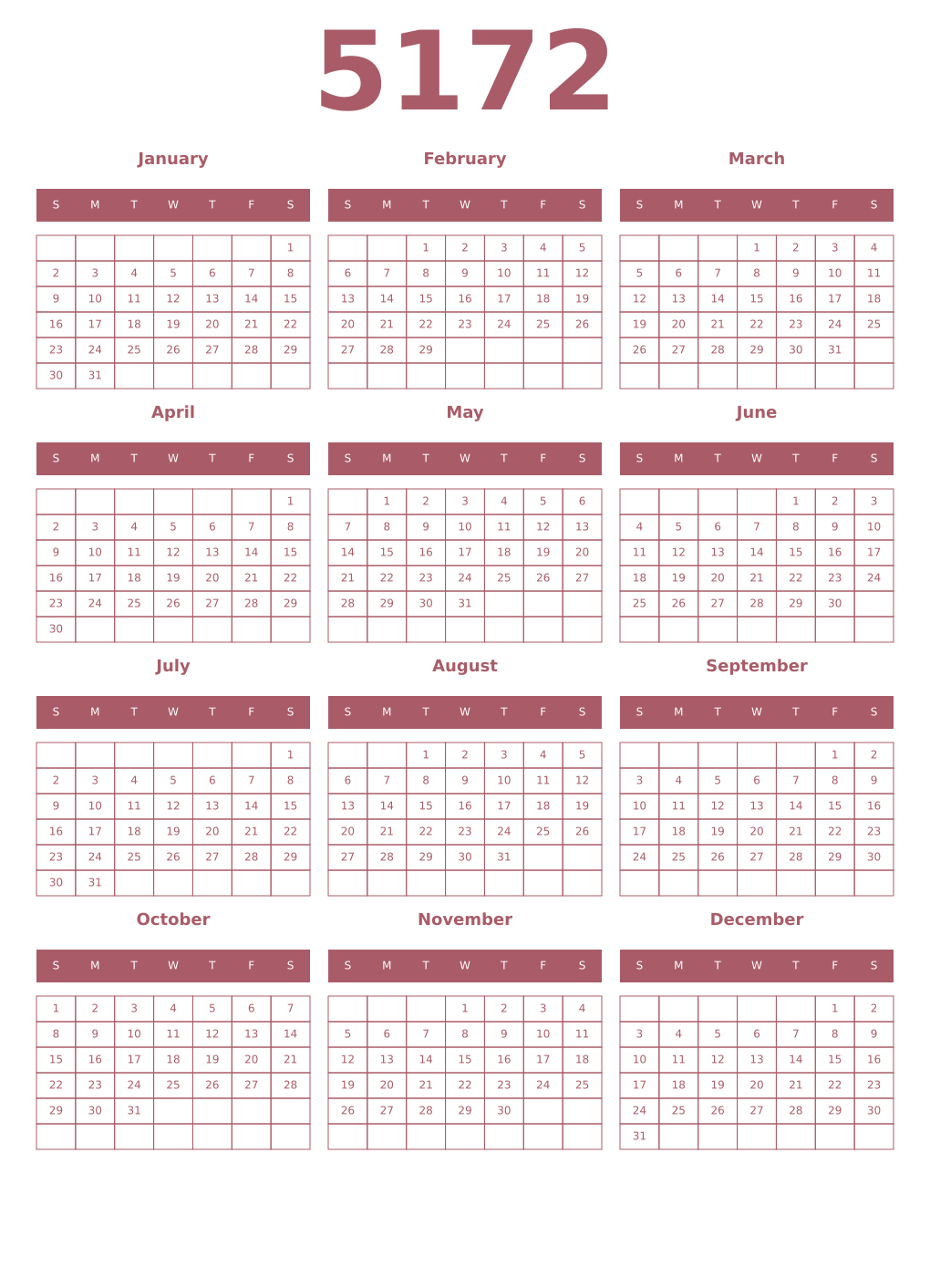 Printable 5172 Year Calendars puce