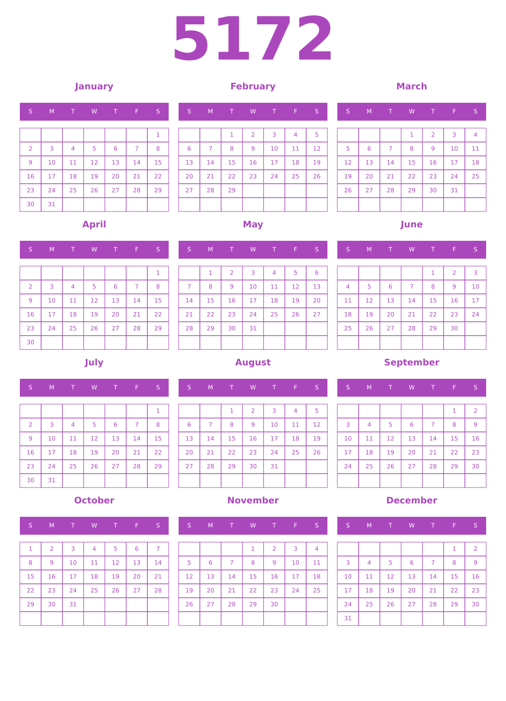 Printable 5172 Year Calendars purple