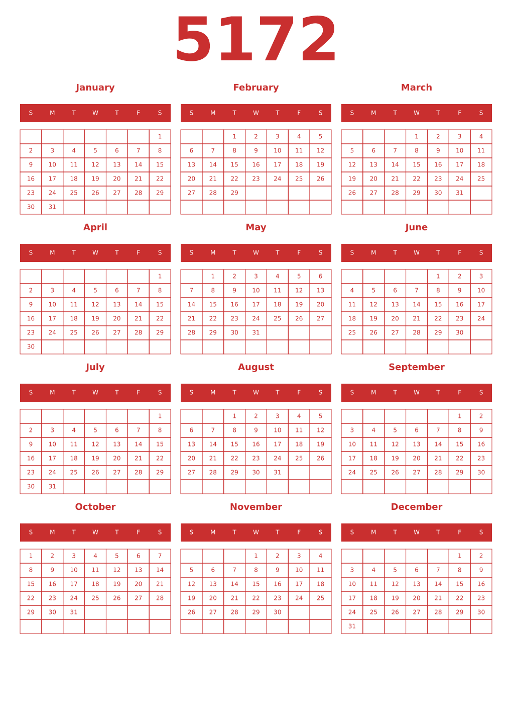 Printable 5172 Year Calendars red